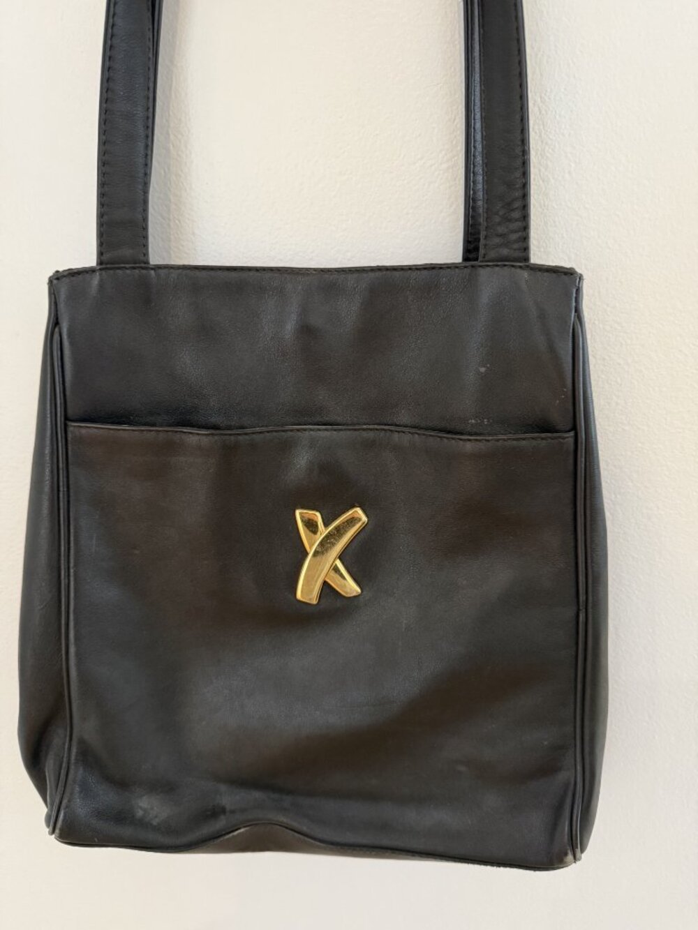 Vintage Paloma Picasso Black Leather Shoulder Bag – Signature Gold "X" Logo